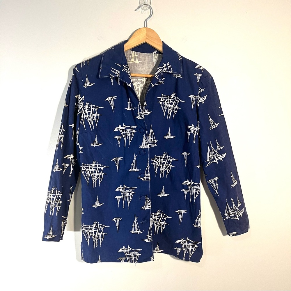 Vintage Navy Sailboat Print Button Up Shirt Jacket Handmade S/M